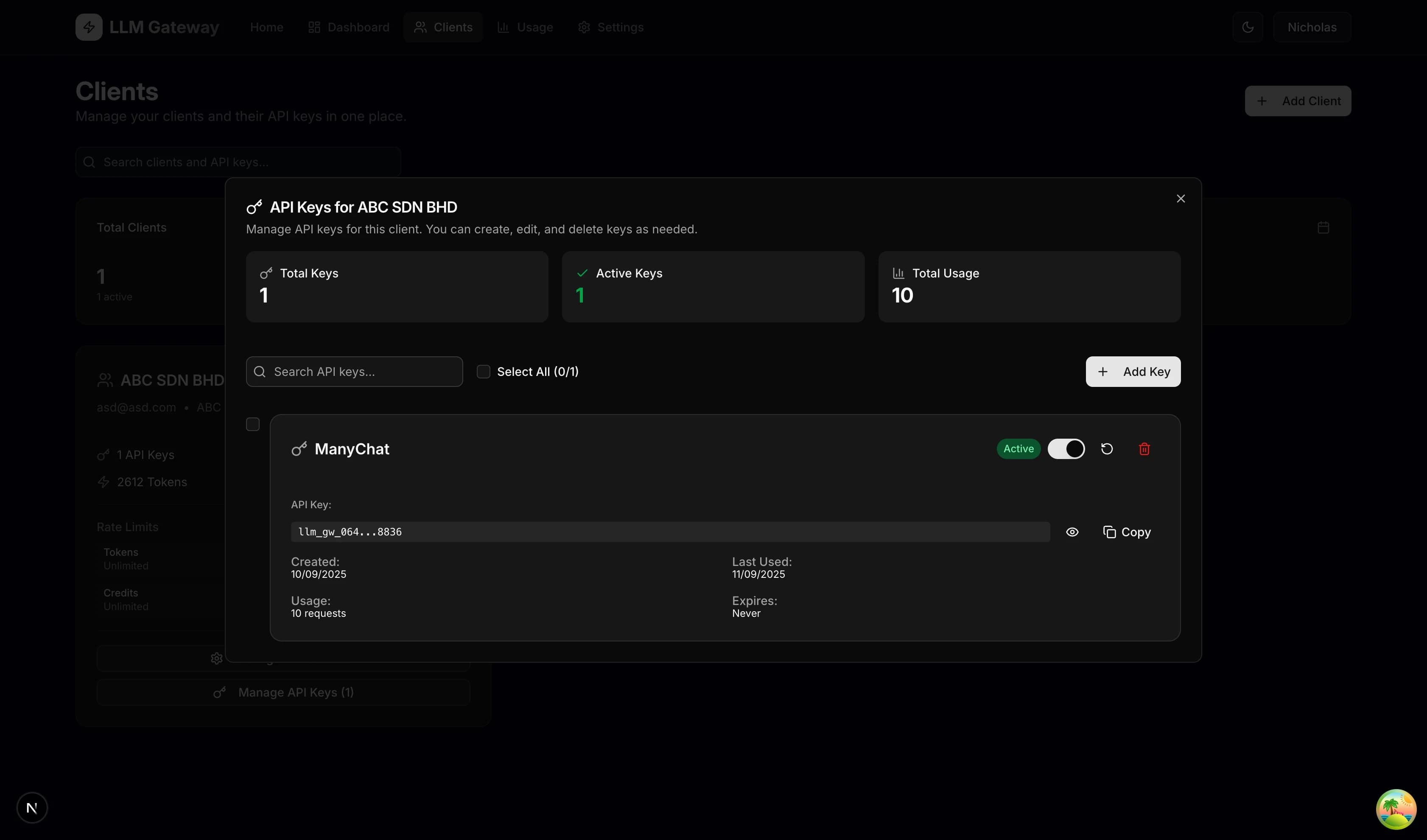 LLM Gateway - API Key Management screenshot