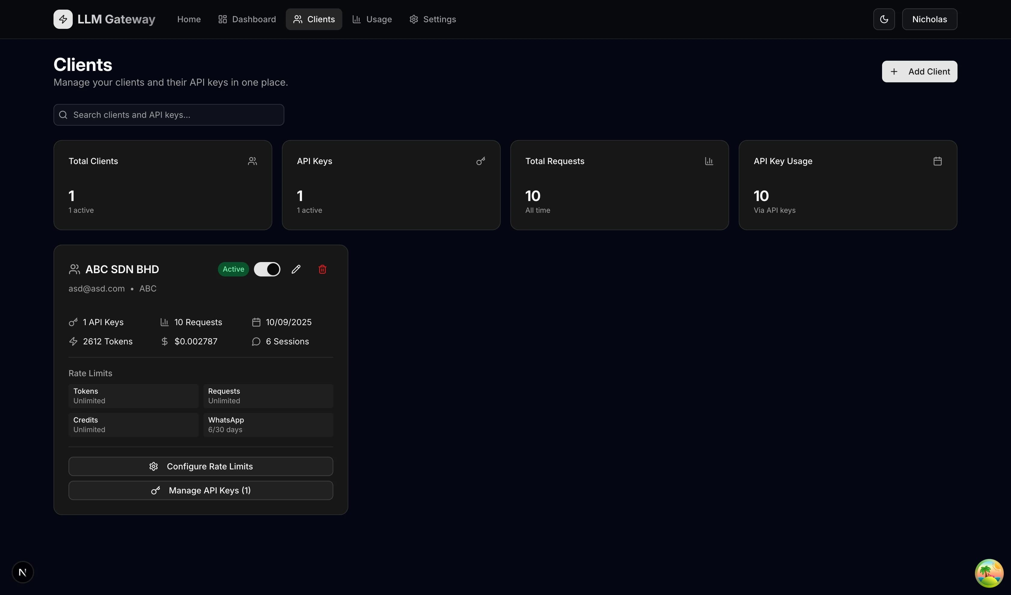 LLM Gateway - Client Management screenshot