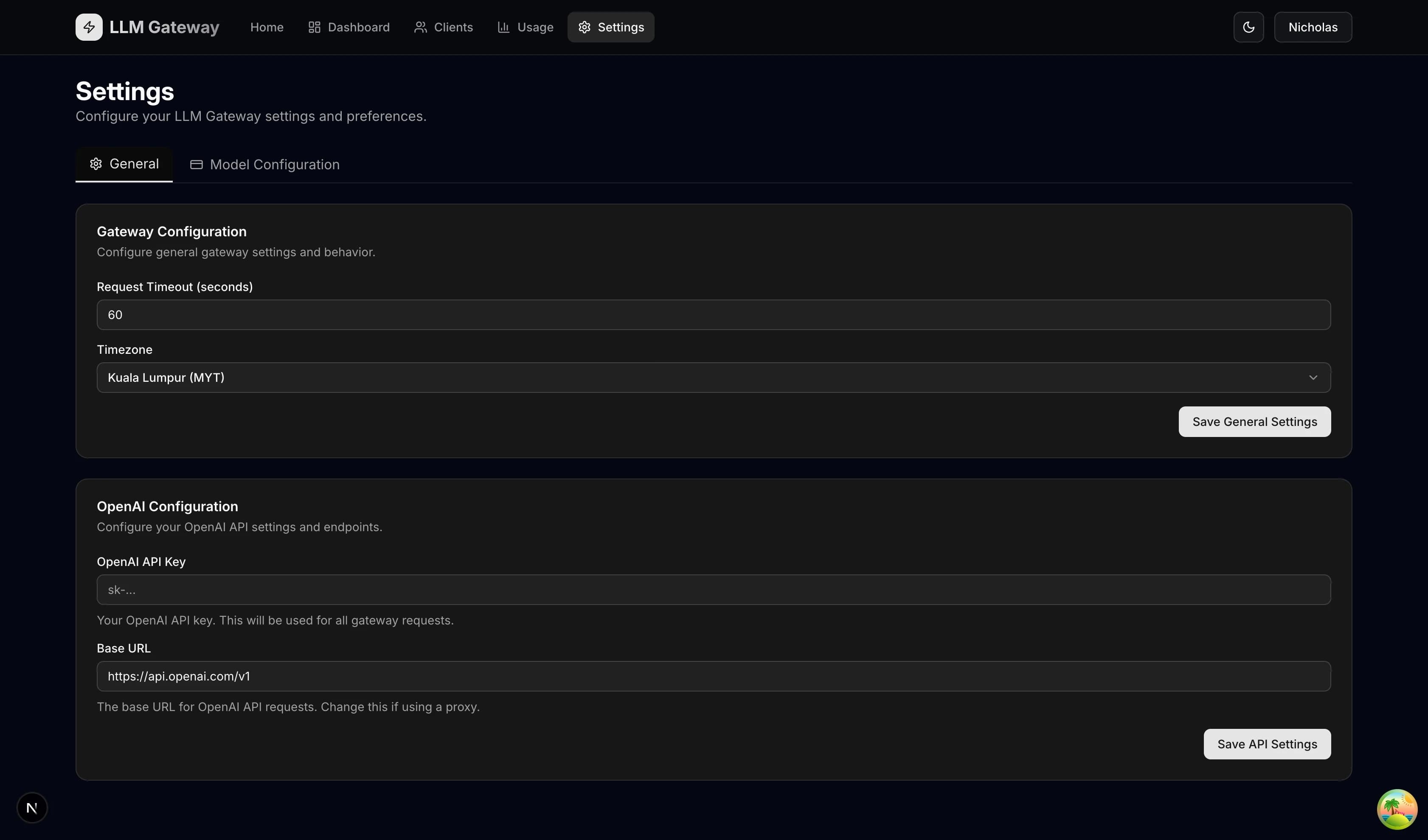 LLM Gateway - Settings: General screenshot