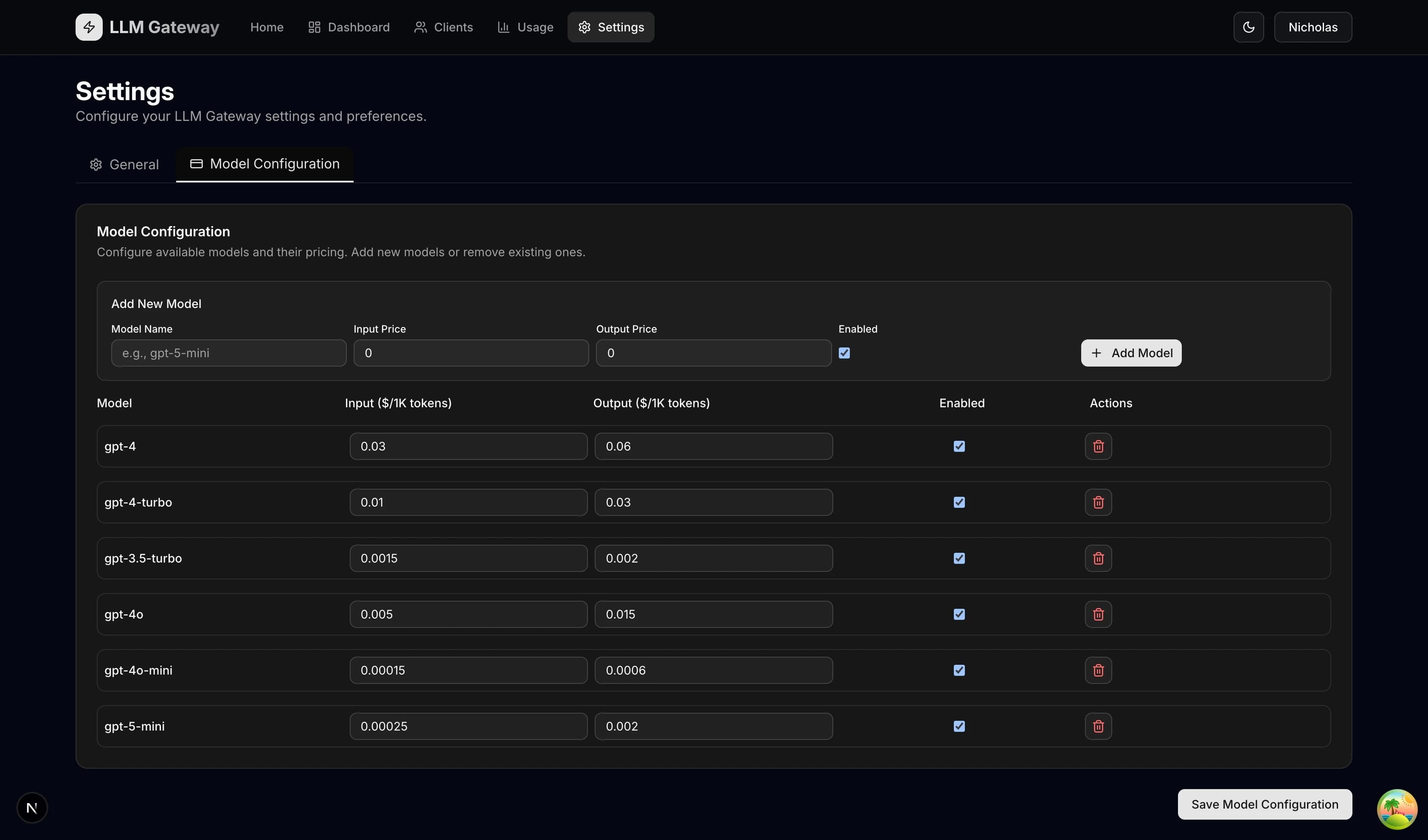 LLM Gateway - Settings: Model Configuration screenshot